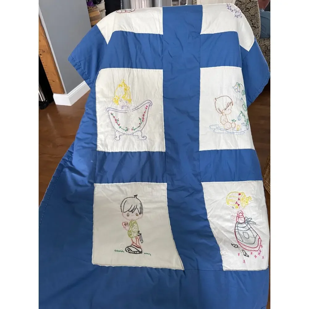 Vintage Hand Embroidered Child’s Quilt – Blue & White Precious Moments Style